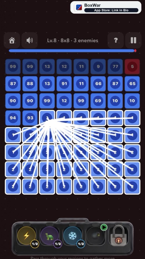 BoxWar gameplay with numbered blue grid tiles and a white lightning path