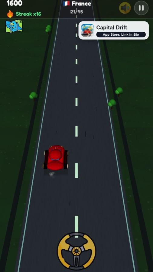 Capital Drift gameplay with a red car driving on a road quiz