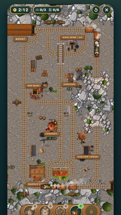 Cargo Bloom gameplay with steam trains on a rail map between mines and a depot