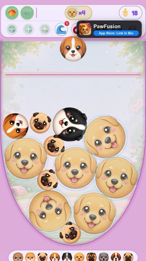 PawFusion gameplay with merged puppies on a pastel board